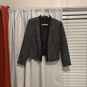 Talbots Black and White Tweed Cropped Open-Front Jacket